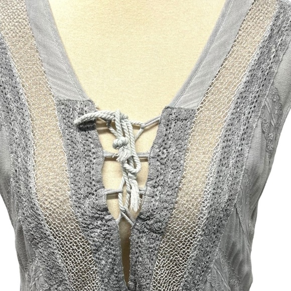 POL Silver Gray Boho Chic Sleeveless Sheer Lace Up Casual Tunic Top Women  Large - Picture 3 of 12